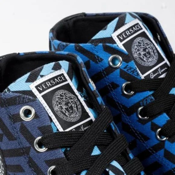 Versace Blue La Greca Canvas High-Top Sneakers - Picture 10 of 12